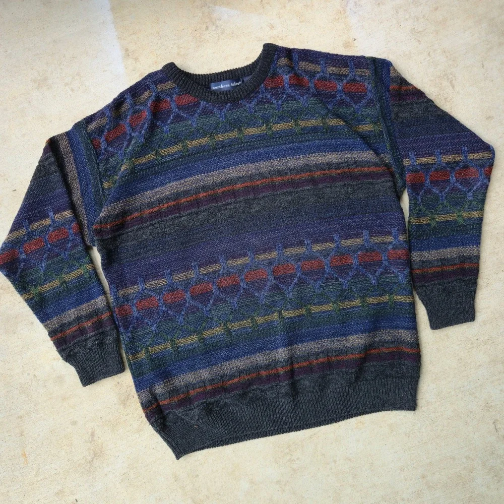 VTG Northern Isles Sweater Multi Color Men Large Geometric Knit Crewneck USA EUC